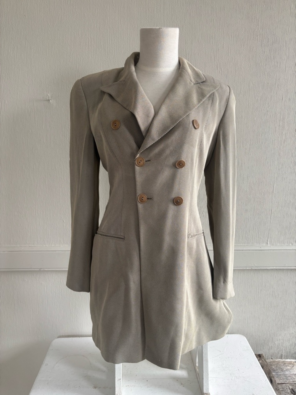 Vintage 90s Emporio Armani Twill Long Tan Grey Blazer